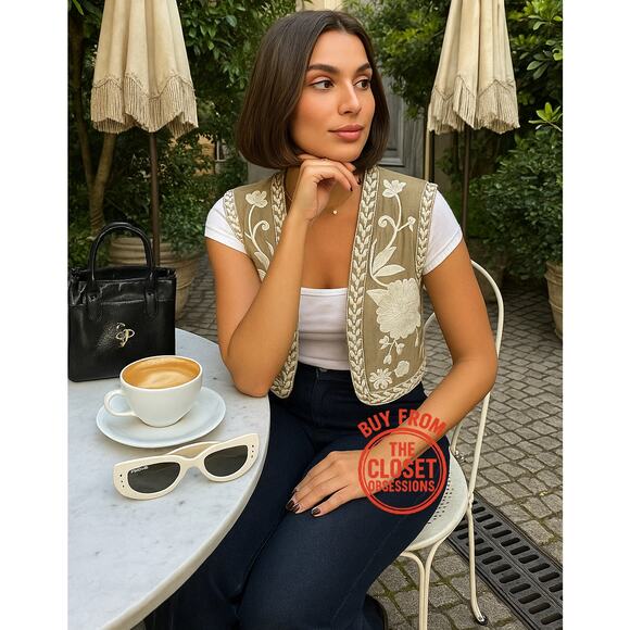 ZARA Embroidered Vest NWT | Khaki Open-Front Waistcoat Boho Chic M/L - Picture 2 of 16